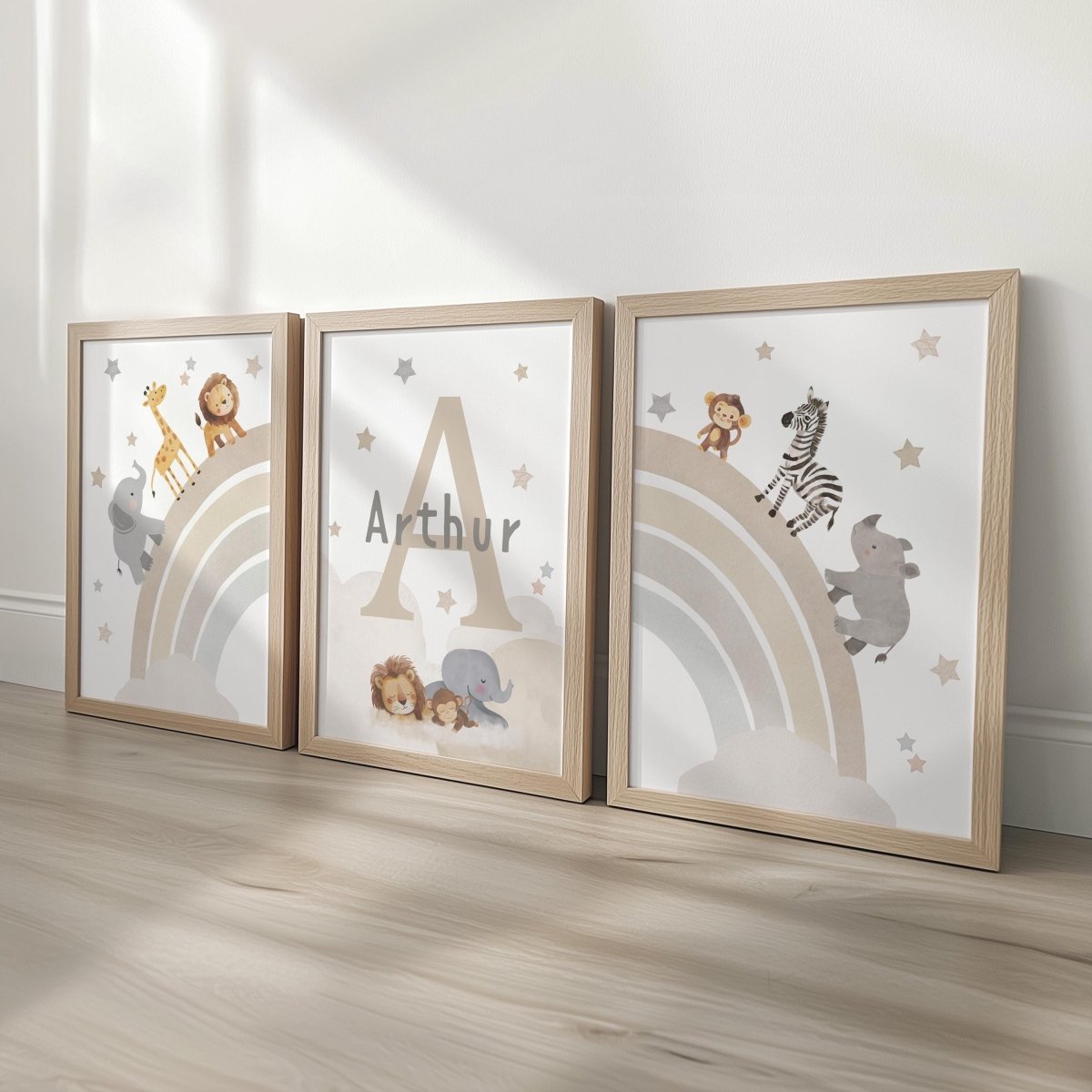 Set of 3 Safari Animal Nursery Prints – Neutral Beige Rainbow Wall Art for Boys Room - RoseRowanDesign - 