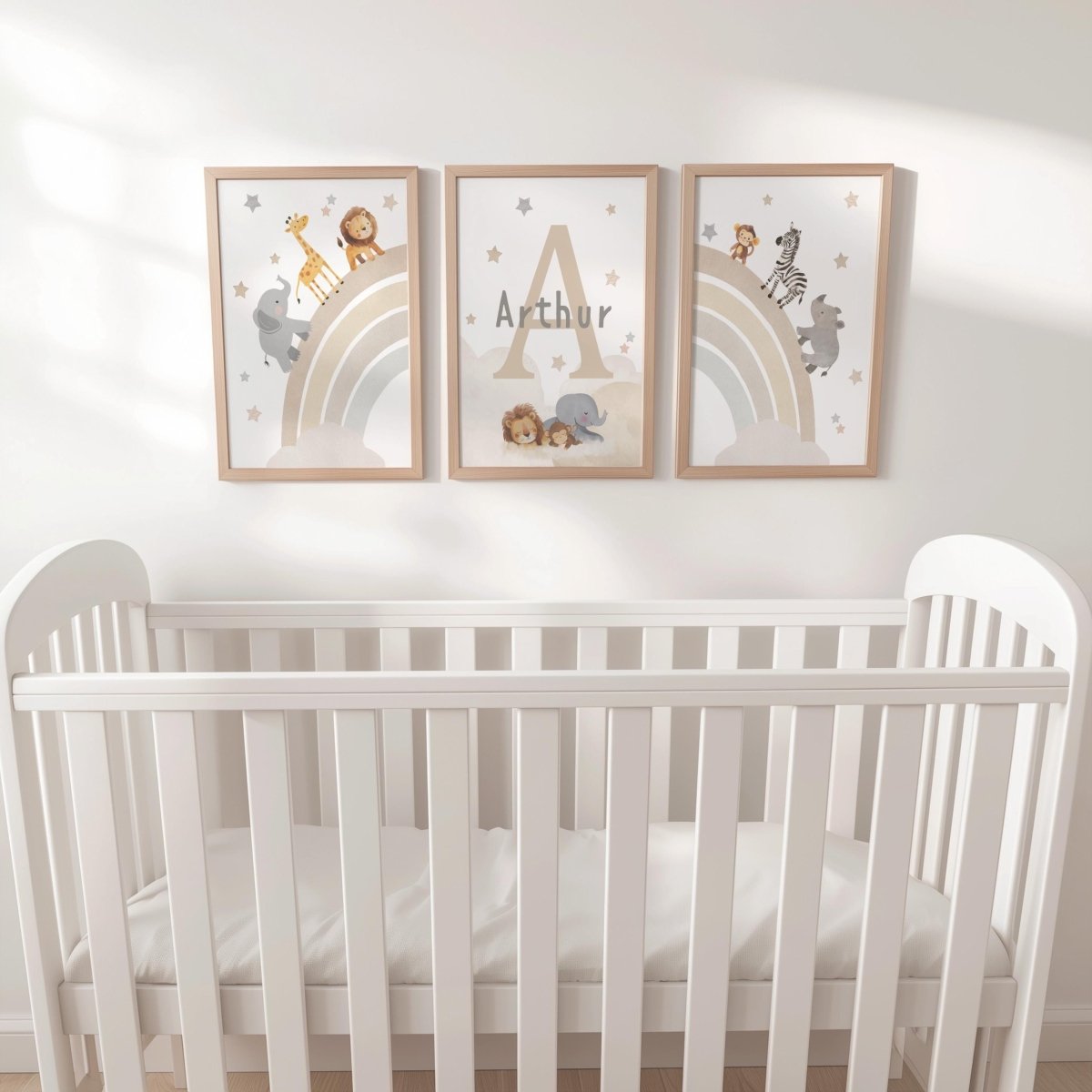 Set of 3 Safari Animal Nursery Prints – Neutral Beige Rainbow Wall Art for Boys Room - RoseRowanDesign - 