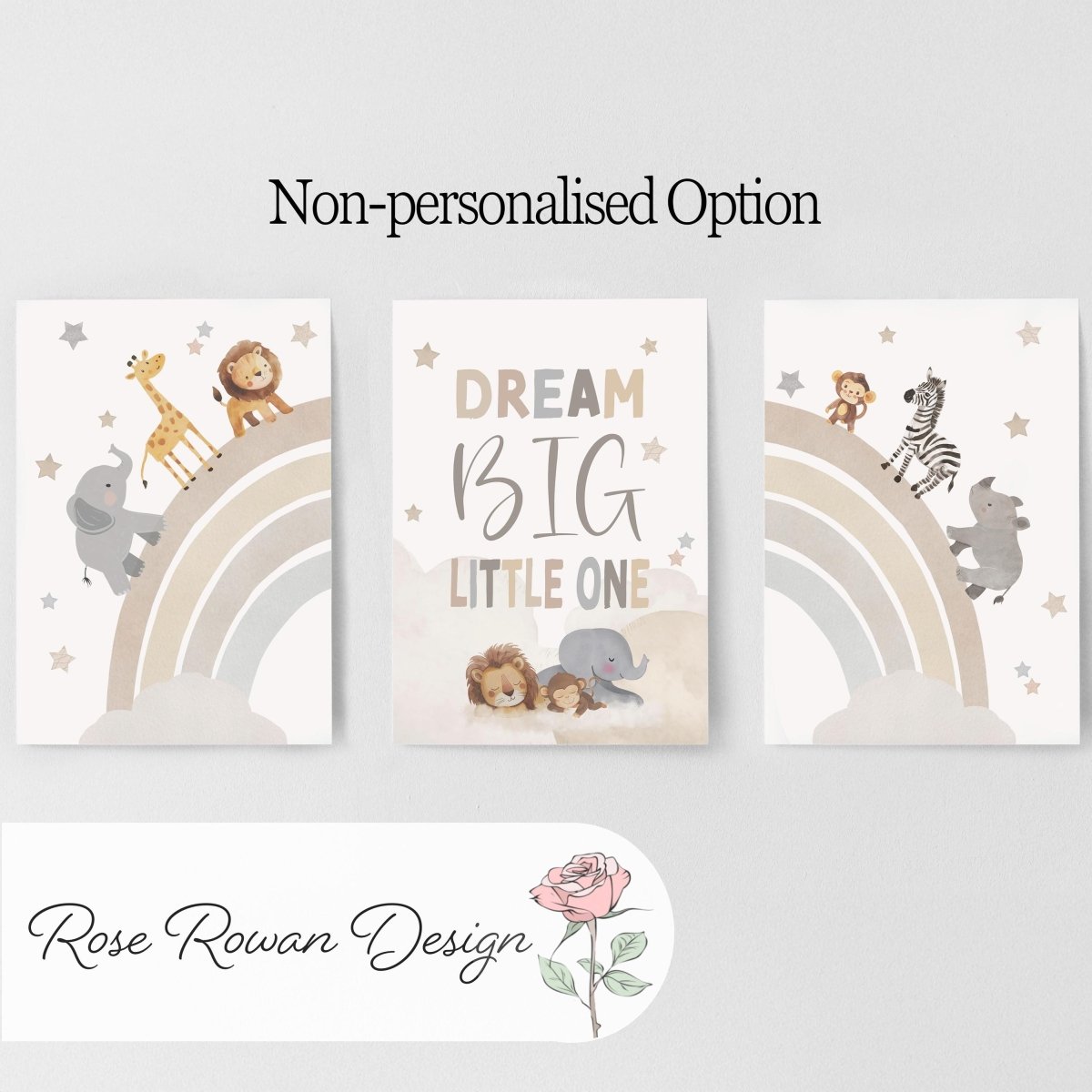 Set of 3 Safari Animal Nursery Prints – Neutral Beige Rainbow Wall Art for Boys Room - RoseRowanDesign - 