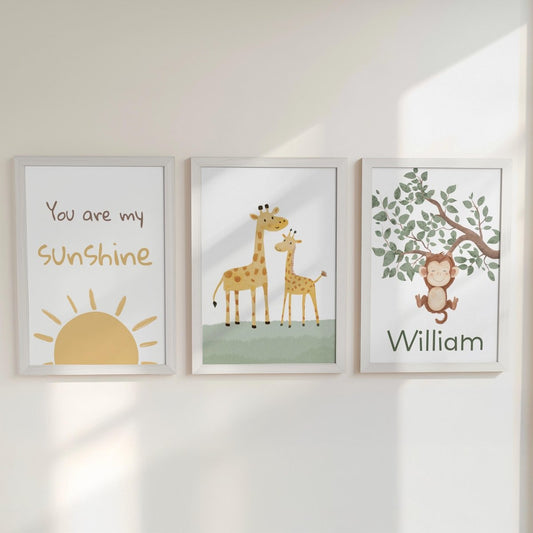 Set of 3 Safari Animal Nursery Prints – Sunshine, Giraffe & Monkey Wall Art - RoseRowanDesign - 