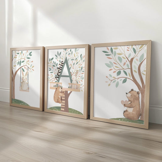 Set of 3 Tree House Animal Nursery Prints – Whimsical Bunny & Bear Wall Art for Kids Room - RoseRowanDesign - 