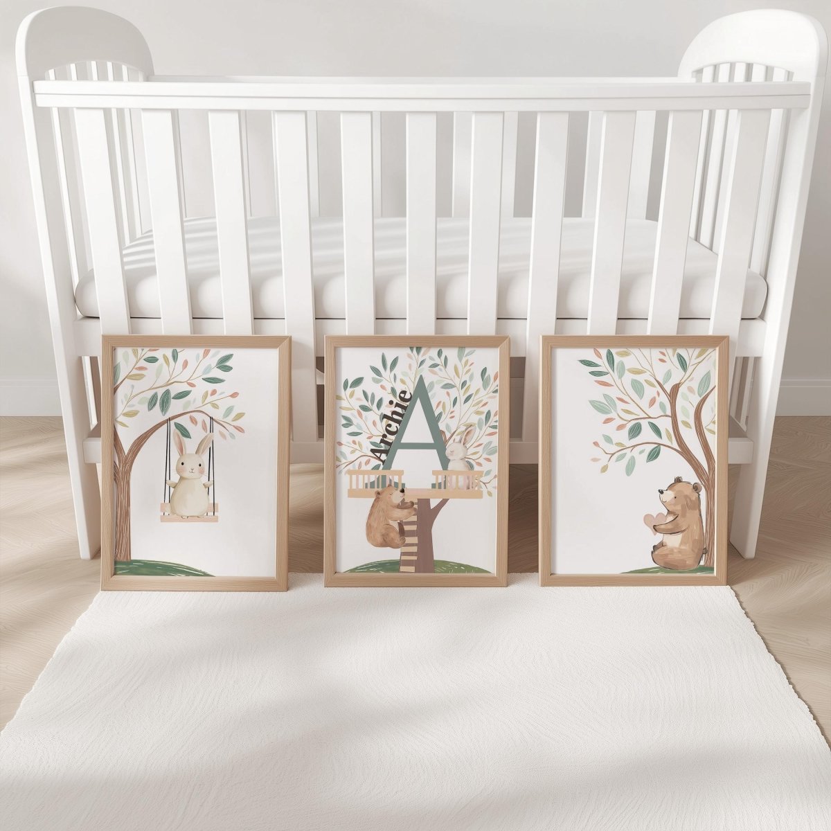 Set of 3 Tree House Animal Nursery Prints – Whimsical Bunny & Bear Wall Art for Kids Room - RoseRowanDesign - 