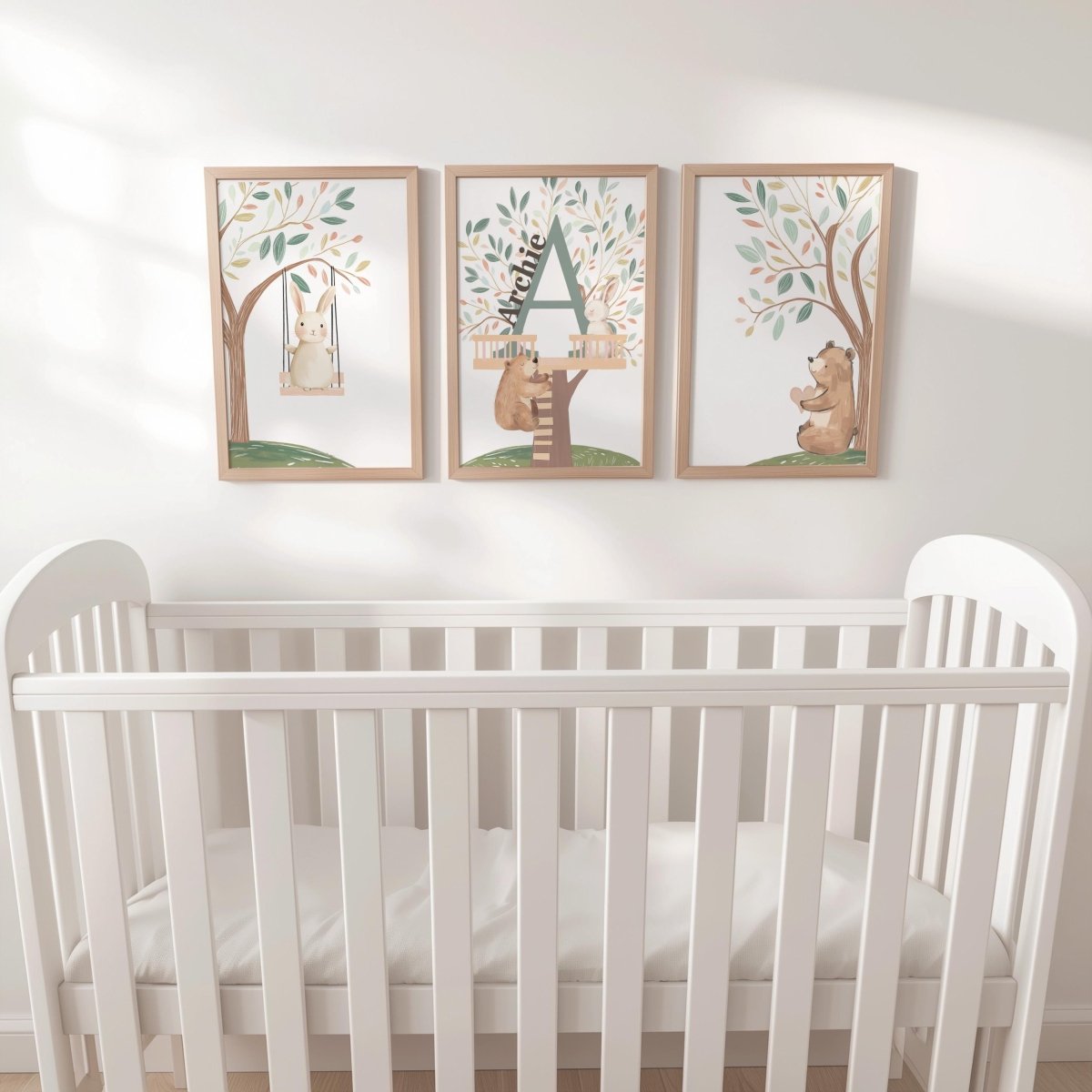 Set of 3 Tree House Animal Nursery Prints – Whimsical Bunny & Bear Wall Art for Kids Room - RoseRowanDesign - 