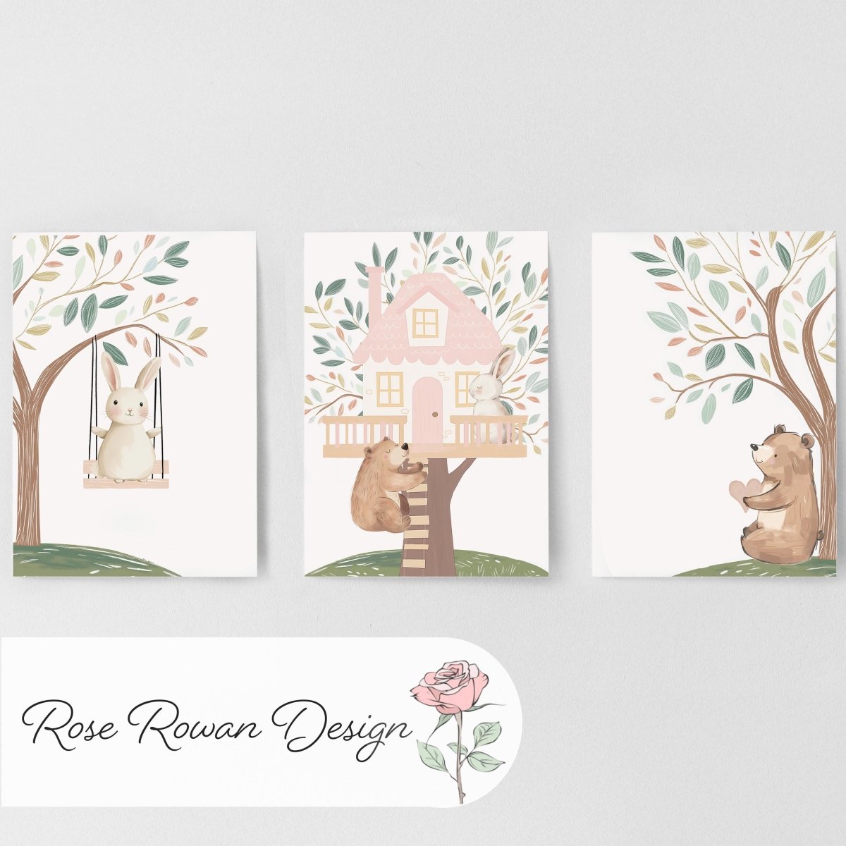 Set of 3 Tree House Animal Nursery Prints – Whimsical Bunny & Bear Wall Art for Kids Room - RoseRowanDesign - 