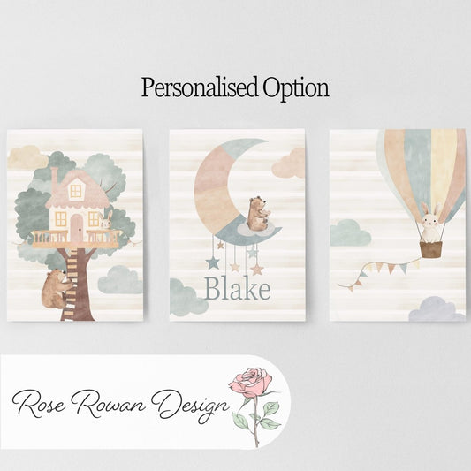 Set of 3 Tree House Nursery Prints – Whimsical Moon & Hot Air Balloon Animal Wall Art for Kids Room - RoseRowanDesign - 