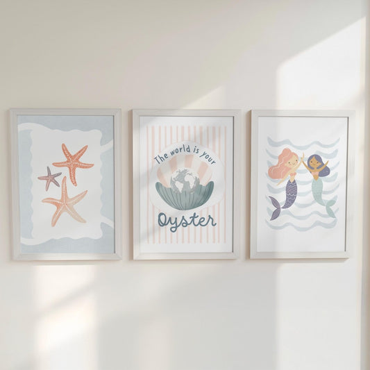Set of 3 Under the Sea Oyster & Mermaid Nursery Prints – Custom Name Ocean Wall Art for Girls Room - RoseRowanDesign - 