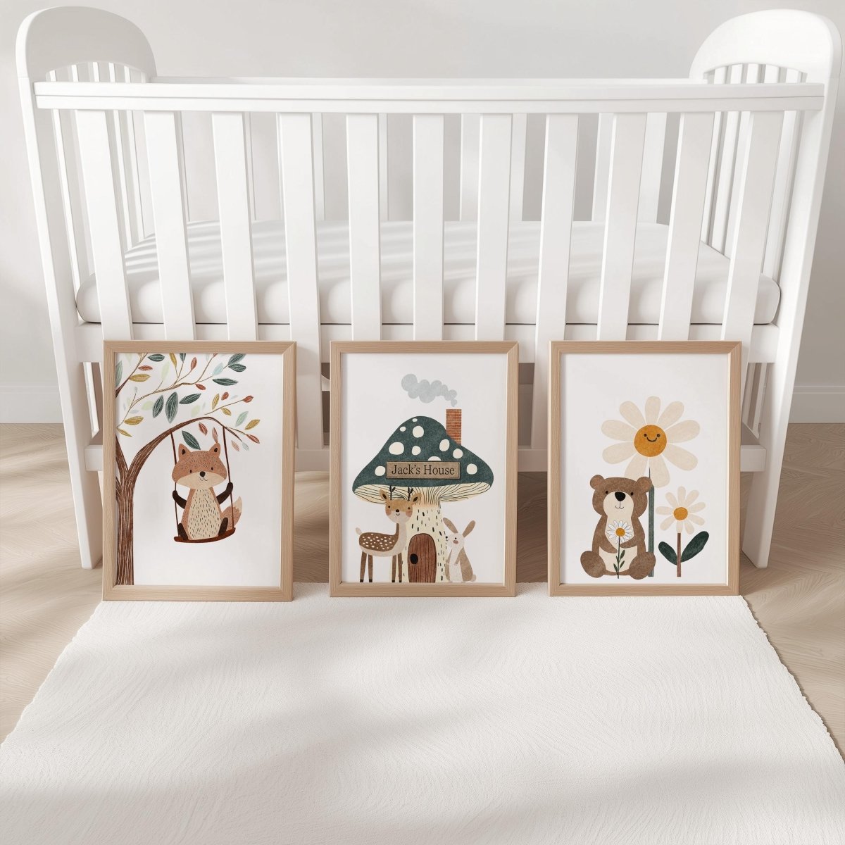 Set of 3 Whimsical Woodland Animal Nursery Prints – Personalised Kids Wall Art - RoseRowanDesign - 