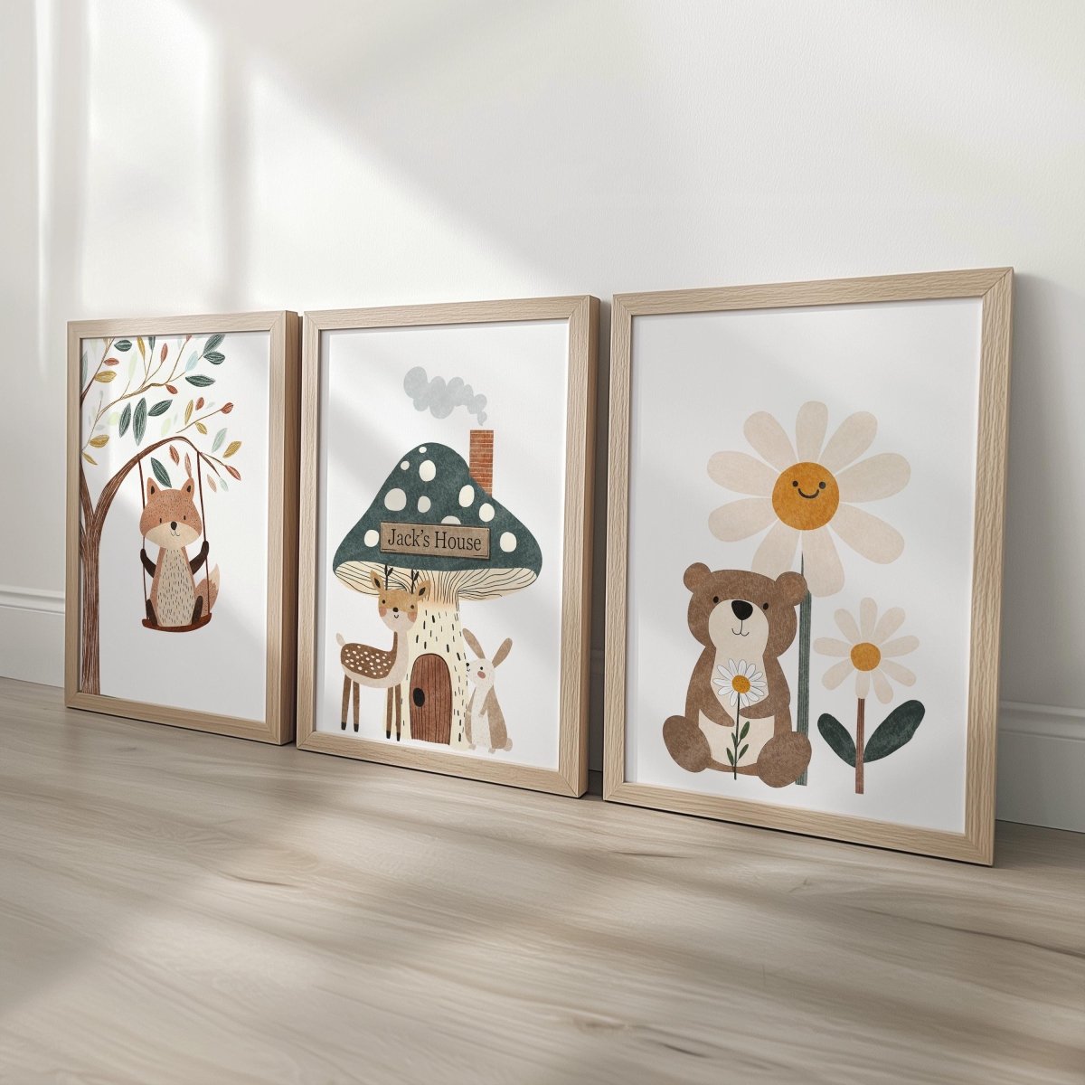 Set of 3 Whimsical Woodland Animal Nursery Prints – Personalised Kids Wall Art - RoseRowanDesign - 