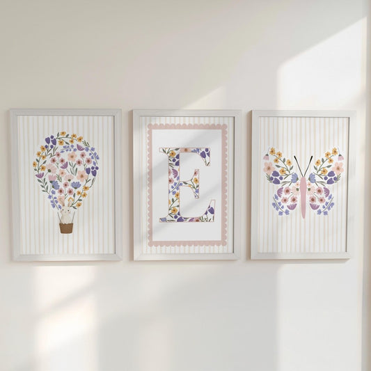 Set of 3 Wildflower Hot Air Balloon Prints – Custom Floral Name Wall Art for Girls Nursery & Bedroom - RoseRowanDesign - 