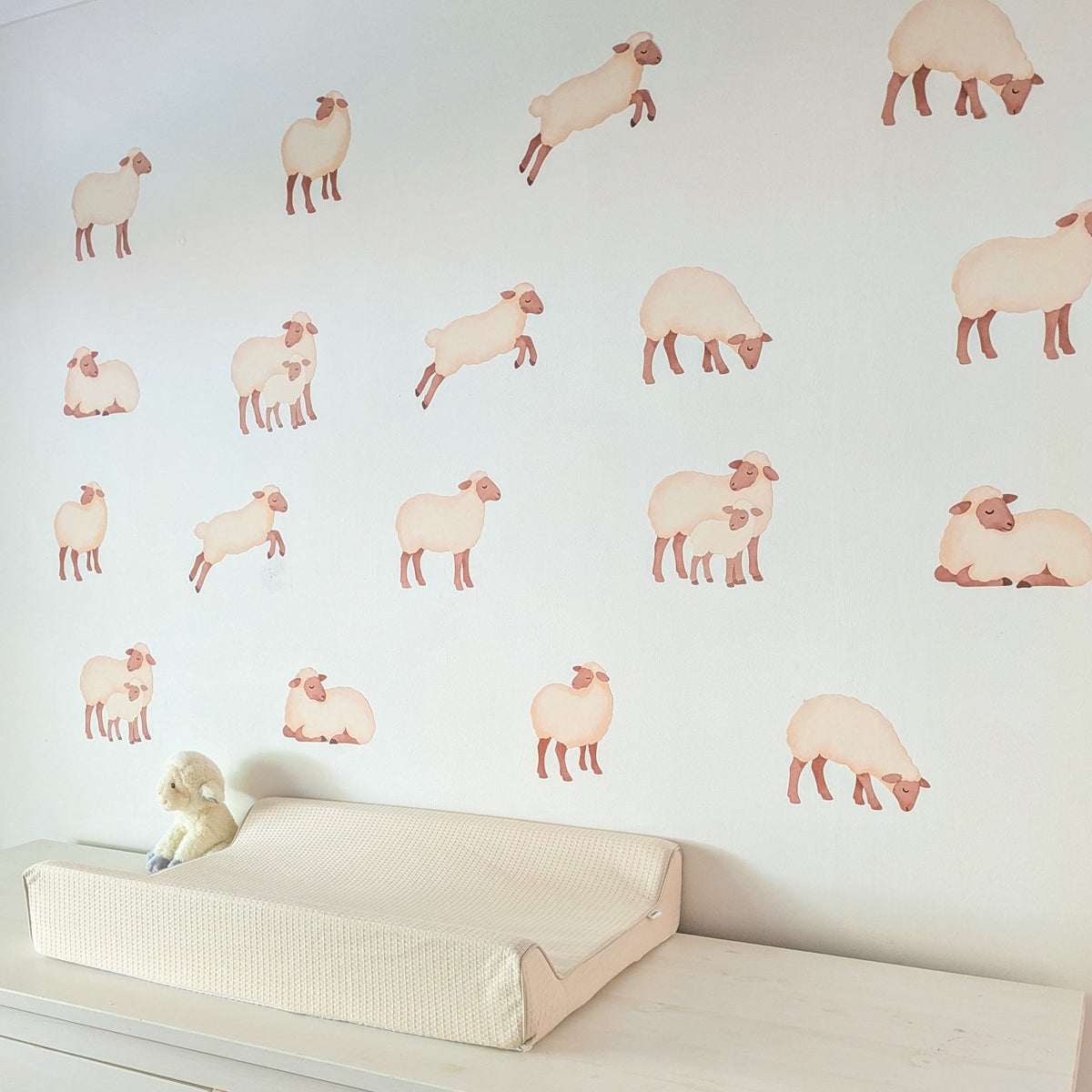 Sheep nursery wall stickers showing standing, grazing and jumping sheep
