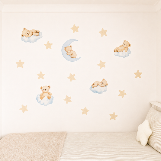 Sleeping Bear & Stars Wall Stickers | Removable Fabric Nursery Decals