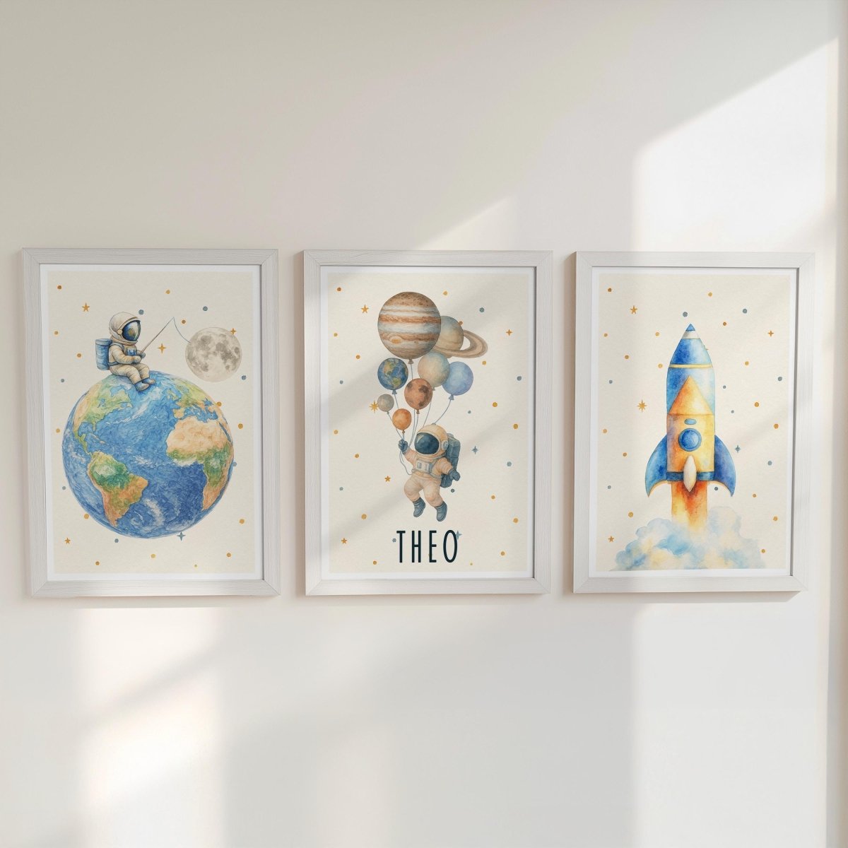 Space Nursery Prints – Rocket, Astronaut & Planets Wall Art Set - RoseRowanDesign - 