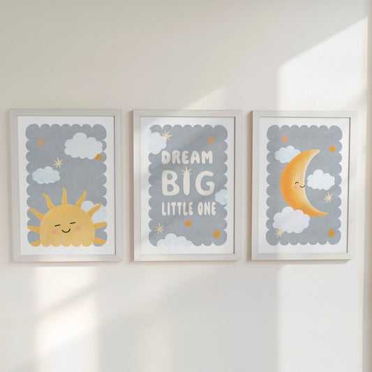 Sun Moon Nursery Print Set - Dream Big Little One Wall Art for Kids - RoseRowanDesign - 