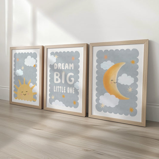 Sun Moon Nursery Print Set - Dream Big Little One Wall Art for Kids - RoseRowanDesign - 