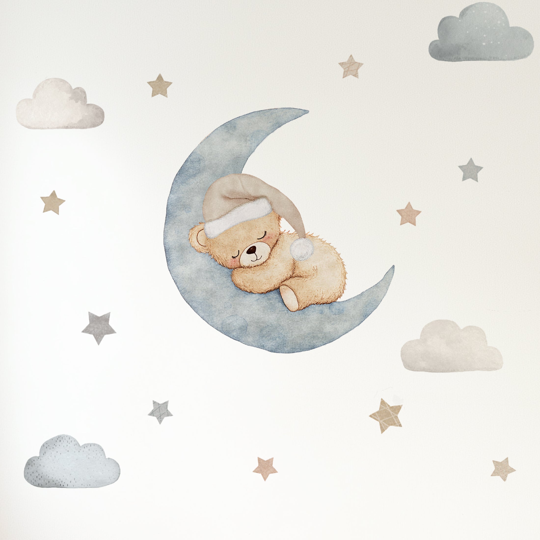 Premium Fabric Nursery Wall Stickers - Teddy Moon & Stars - 3 Colours Available - RoseRowanDesign
