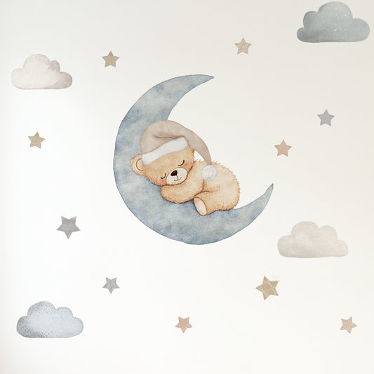 Premium Fabric Nursery Wall Stickers - Teddy Moon & Stars - 3 Colours Available - RoseRowanDesign