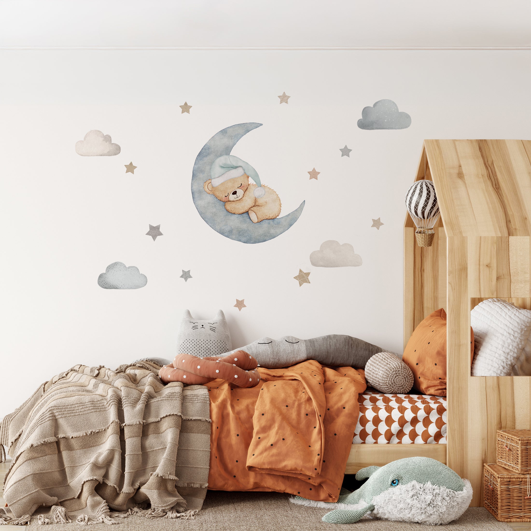 Premium Fabric Nursery Wall Stickers - Teddy Moon & Stars - 3 Colours Available - RoseRowanDesign