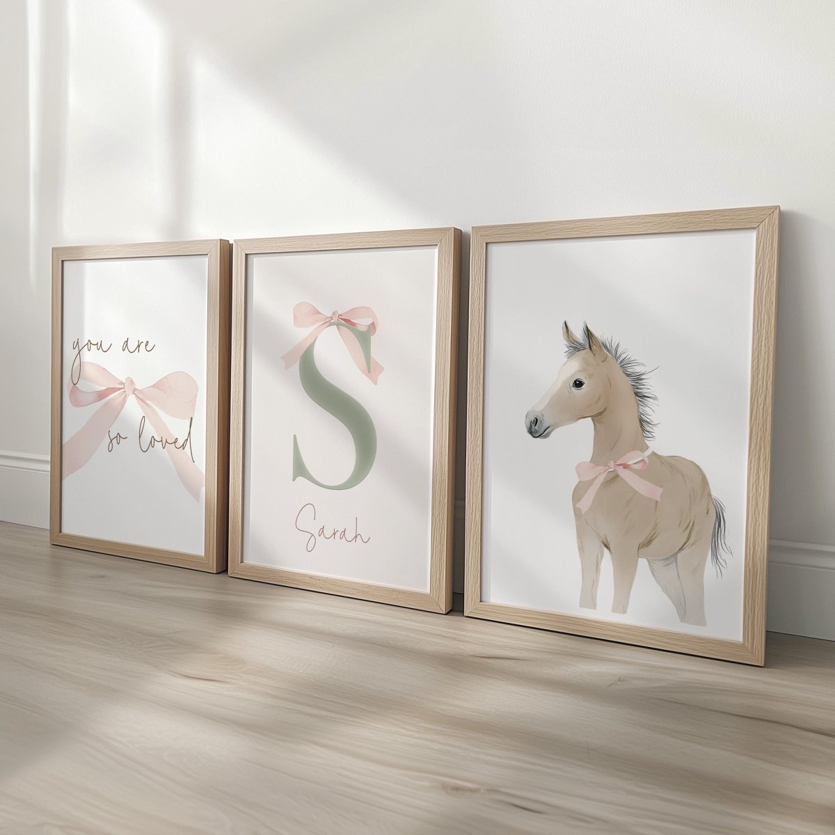 Vintage Bow Nursery Print Set – Personalised Name & Pony - RoseRowanDesign - 