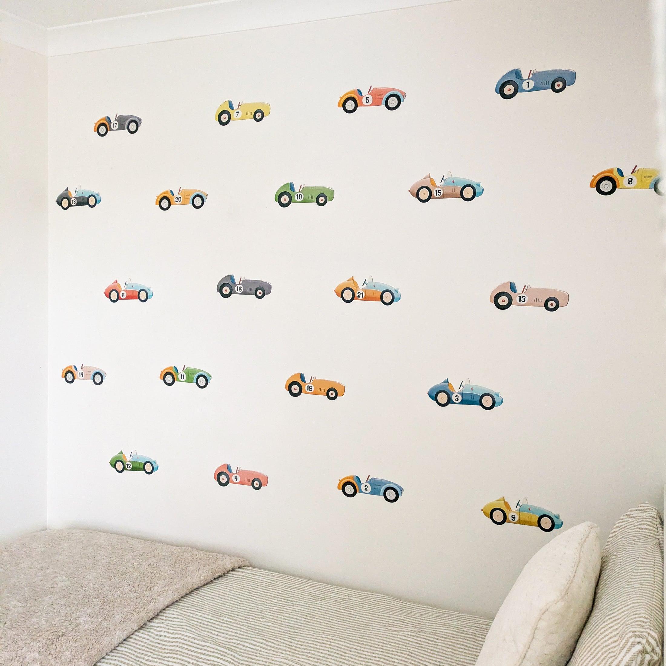 Vintage Racing Car Wall Stickers – Removable Fabric Kids Bedroom Decals | 21 Cars