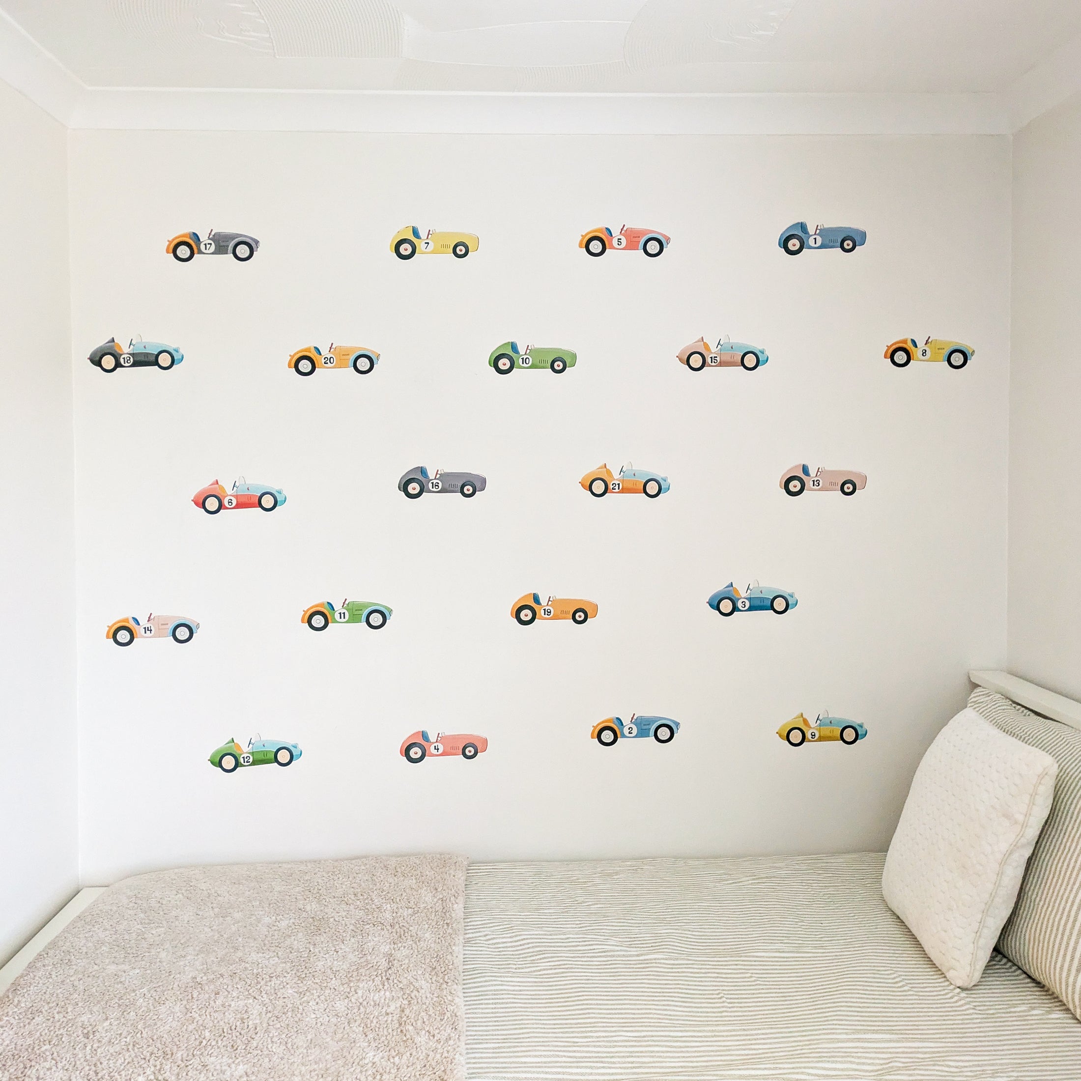 Vintage Racing Car Wall Stickers – Removable Fabric Kids Bedroom Decals | 21 Cars