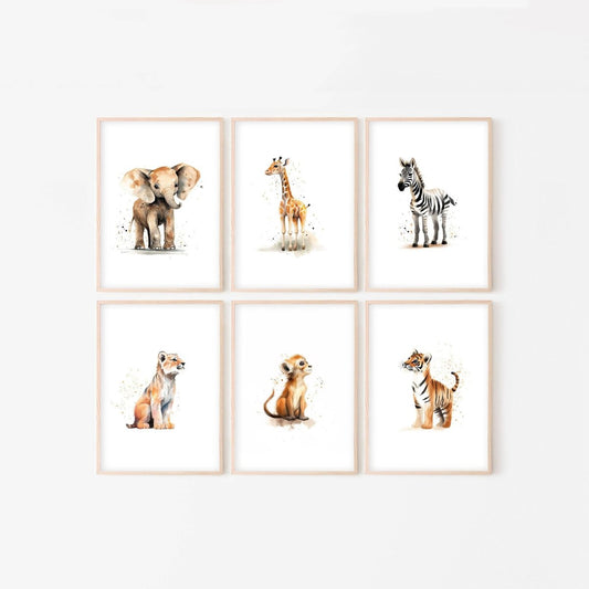 Watercolor Safari Animal Prints | Set of 6 | Neutral Nursery Wall Art for Baby's Room - RoseRowanDesign - 