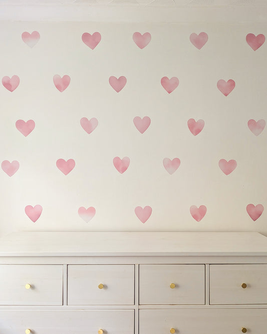 Pink Heart Wall Stickers | Watercolour Nursery Decals – Set of 20