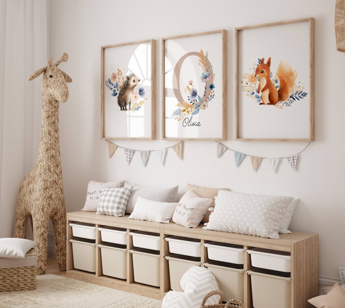 Wildflower Nursery Prints | Set of 3 Woodland Animal Wall Art | Personalised Decor for Girls' Room - RoseRowanDesign - Wall Art