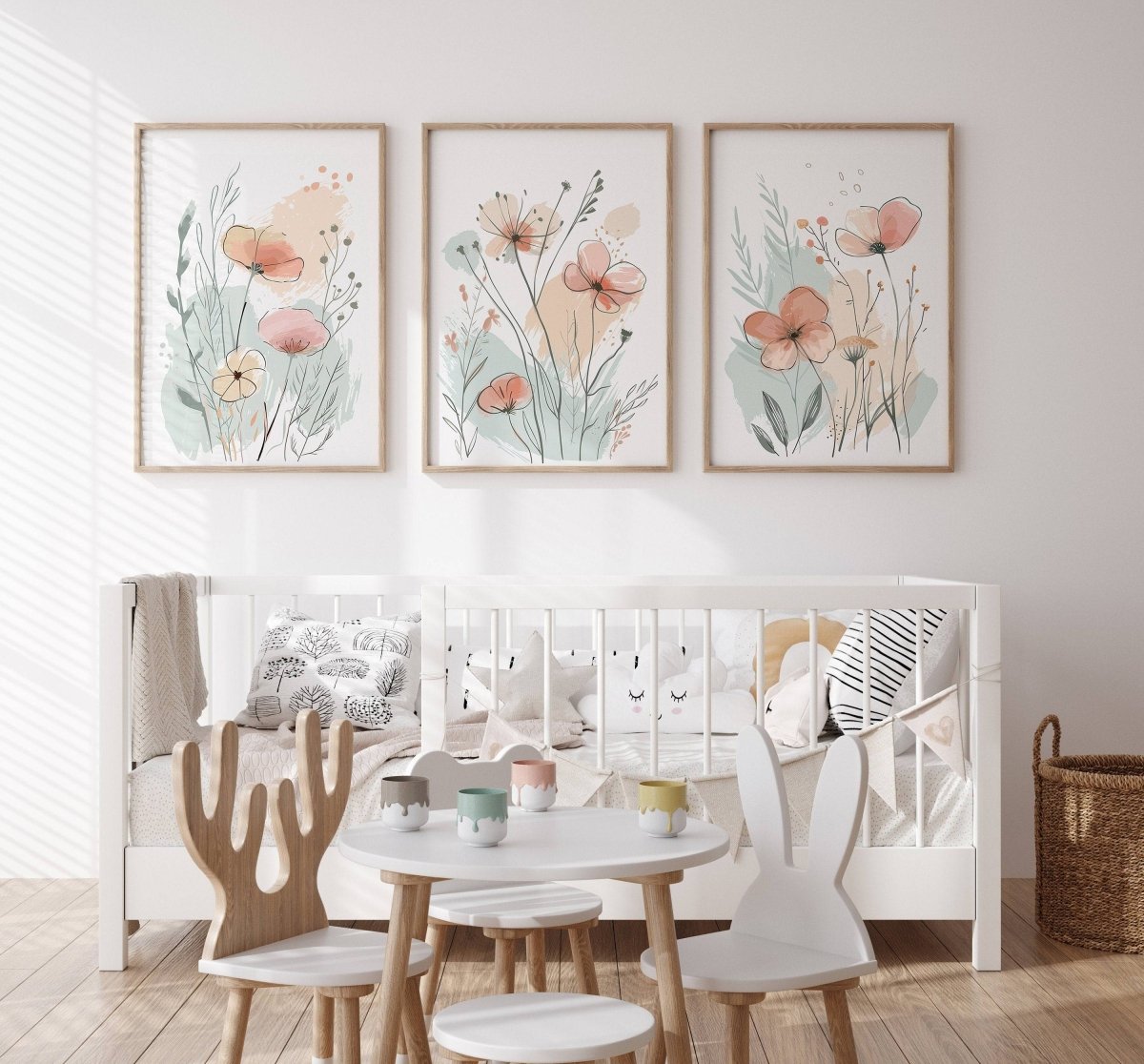 Wildflower Wall Art Prints | Set of 3 | Scandi Floral Decor for Bedroom or Nursery - RoseRowanDesign - 