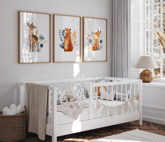 Woodland Animal Nursery Prints | Set of 3 | Floral Forest Decor for Baby Girl's Room - RoseRowanDesign - 