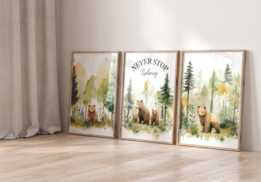Woodland Bear Nursery Prints | Set of 3 | Forest Adventure Wall Art for Unisex Nursery - RoseRowanDesign - 